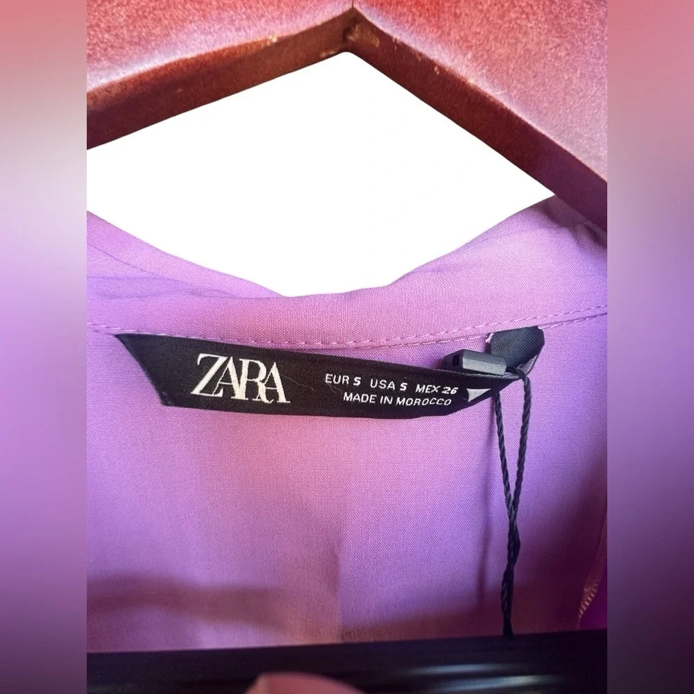 Zara Womens Lavender Lilac Collared Long Sleeve Ring Detail Crop Top Small NWT